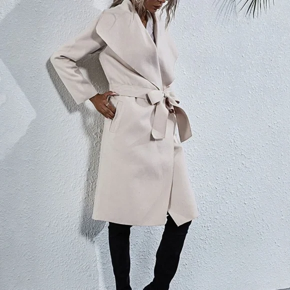 Cozy Cream waterfall trench long classic jacket Coat Winter - Picture 6 of 7